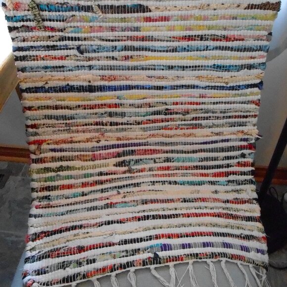 Hand Woven Multi-Color Striped Rag Rug With Tassels 30"L x 20"W - Picture 1 of 2